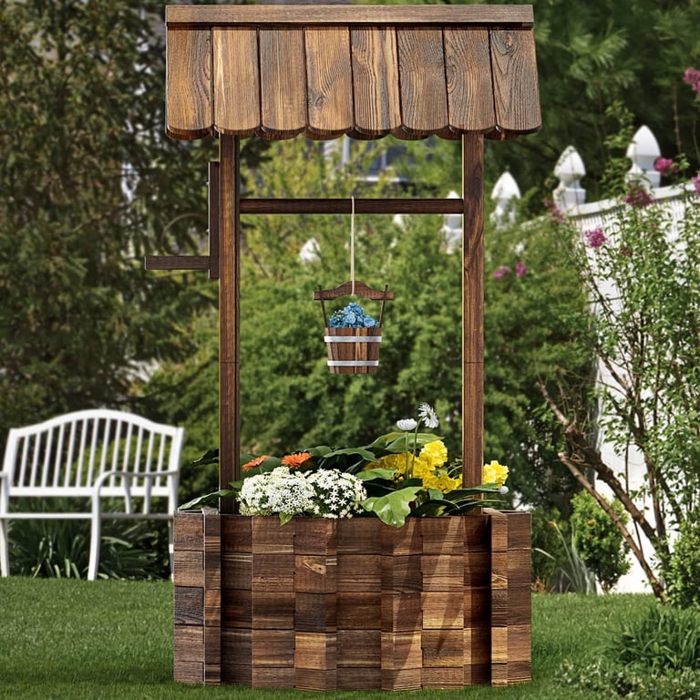 BaPiPro Wood Wishing Well Planter with Hanging Bucket, Brown photo 1