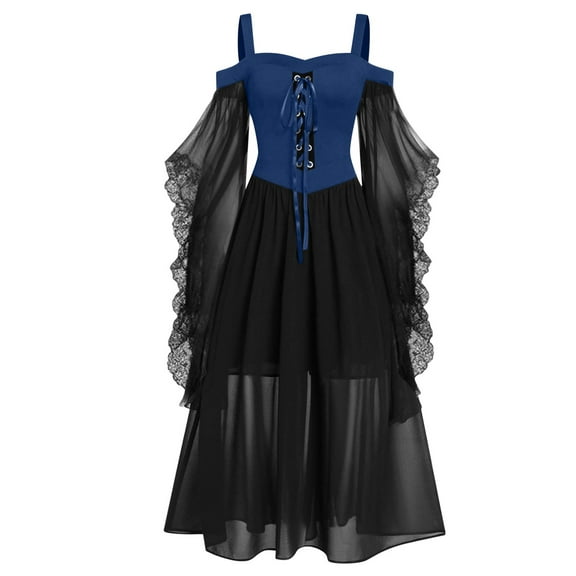 TFEOQRY Women's Gothic Dress Cold Shoulder Sheer Ruffle Sleeves Lace Up Front Layered Mesh Skirt Outfit Blue