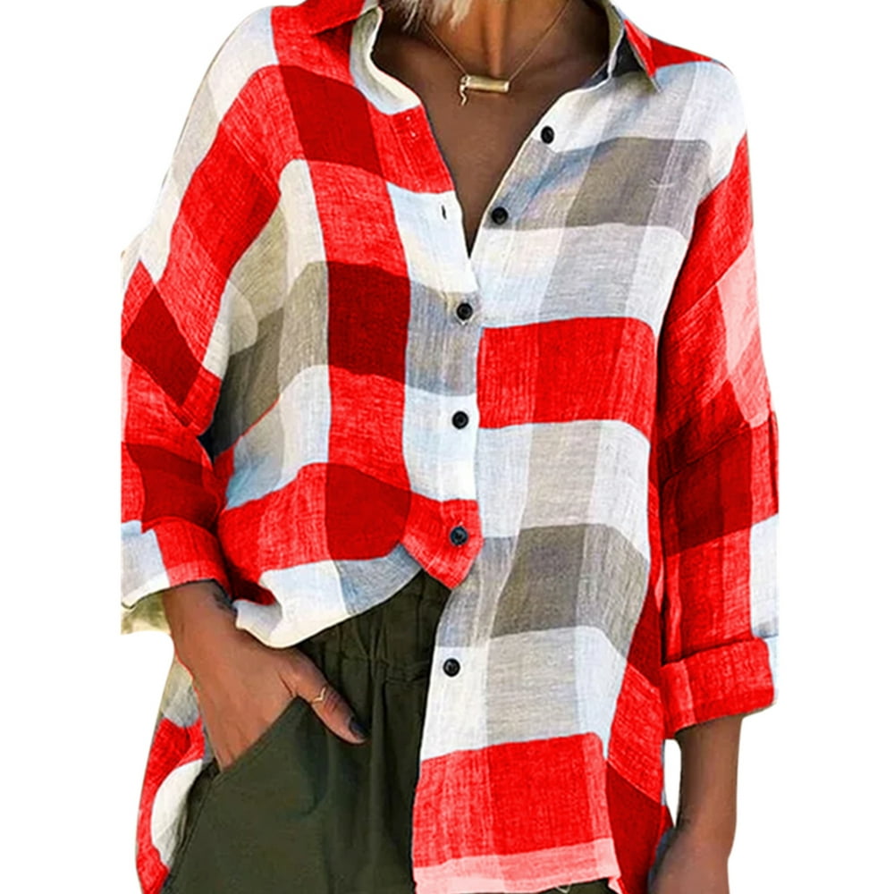 Wodstyle Women's Plus Size Button Down Plaid Tops Casual Loose Long