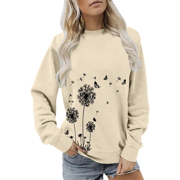 Holzkary Sweatshirts for Women Hoodies Women's Autumn Winter Round Neck Dandelion Print Loose Casual Warm Hoodie Graphic Printed Pullover Top Comfy Fall Winter Outfits Clothes 2025 Fashion Beige L