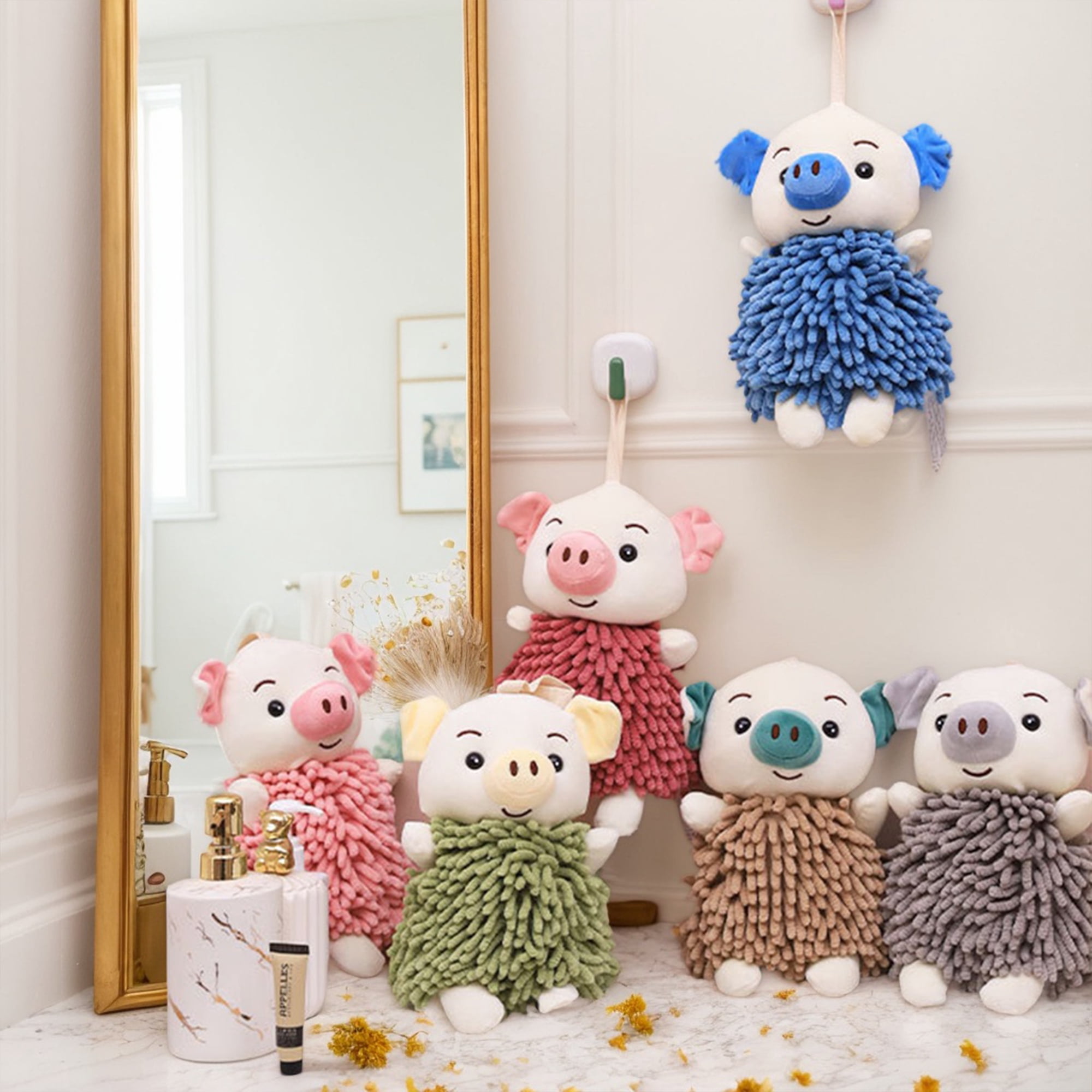 Unique Bargains Cute Cartoon Piggy Chenille Plush Ball Hand Towels Grey