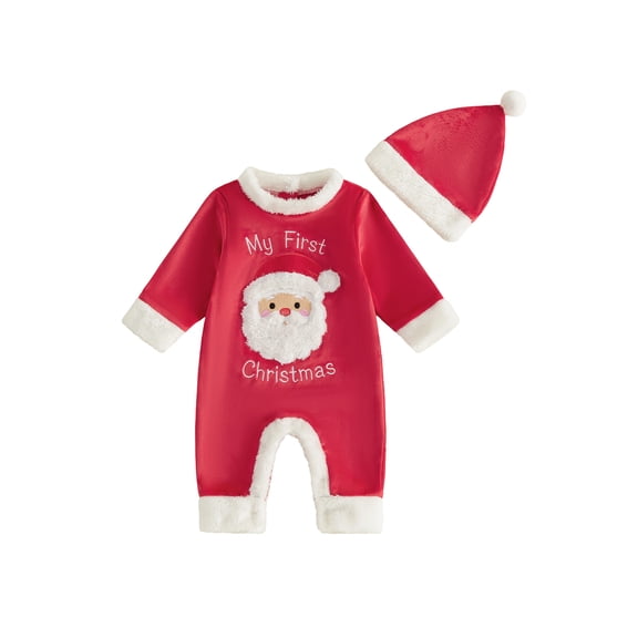 RUINIXCW Boys Christmas Clothes Long Sleeve Santa Claus Embroidery Romper Hat