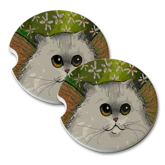 KuzmarK Sandstone Car Drink Coaster (set of 2) - Silver Persian Kitty Fairy with Daisies Fantasy Cat Art by Denise Every - Copy