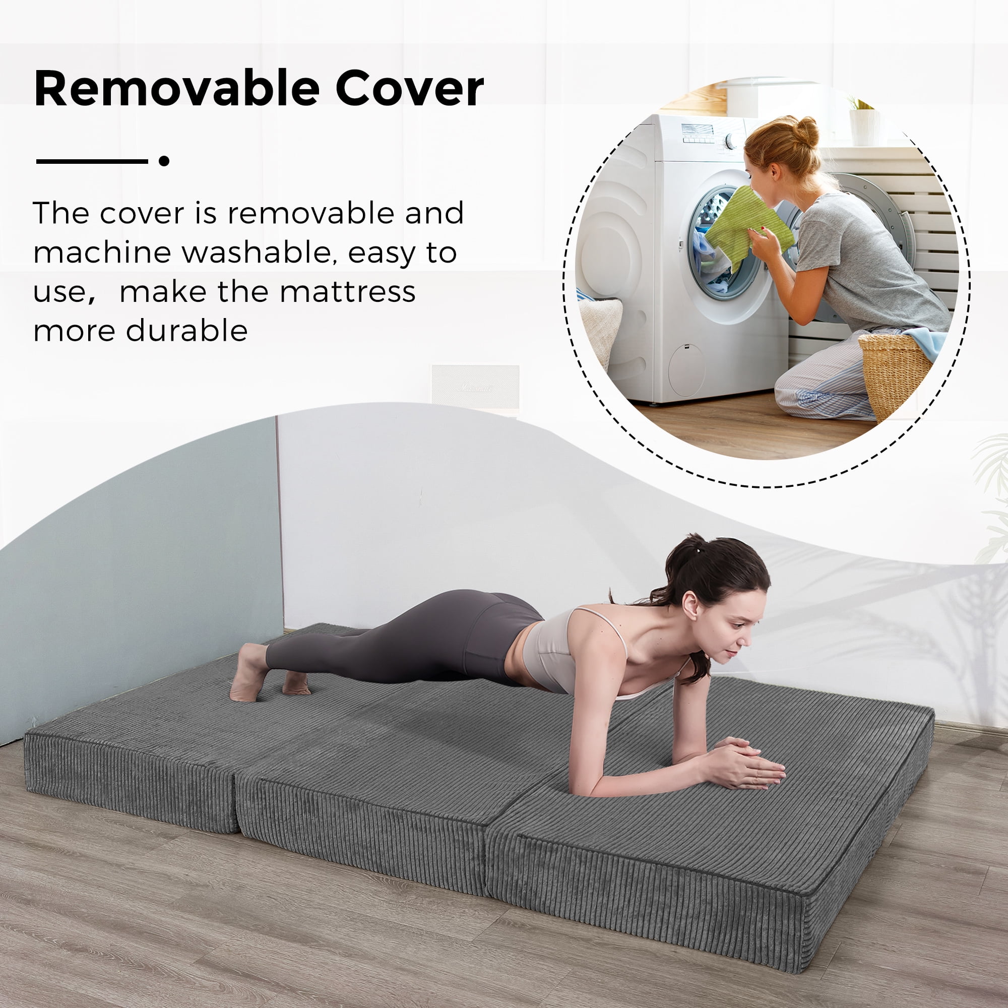 MAXYOYO 6 inch Folding Corduroy Mattress, Tri Fold Floor Mattress thick with Washable Cover,Foldable in Three,Space-Saving for Guest (Dark Grey, Full)