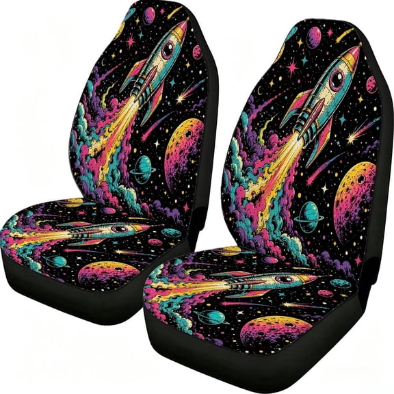 Odenmar Colorful Space Rocket Car Seat Covers, 2-Piece Front Protectors, Made from Lightweight Mesh Fabric, Universal Fit for Trucks Vans Suvs