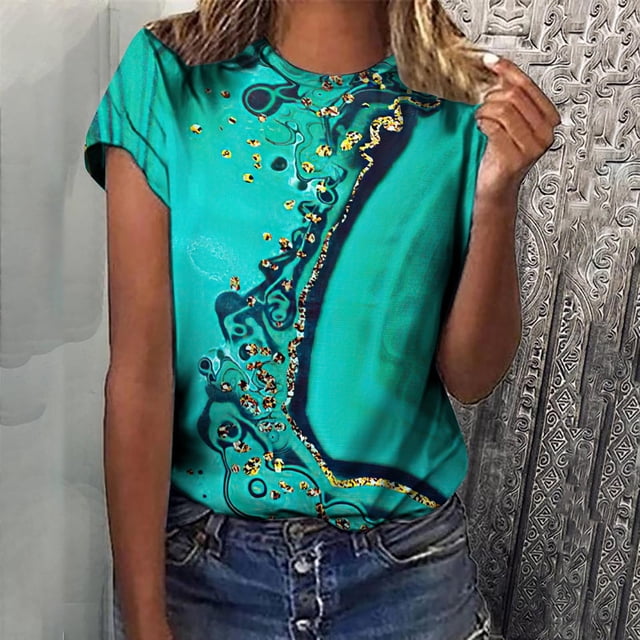 T-Shirts pour Femmes, Mode Femmes Nouveau Style T-Shirts Imprimés Manches Courtes Col Rond Blouses Été Décontracté Hauts pour Dames