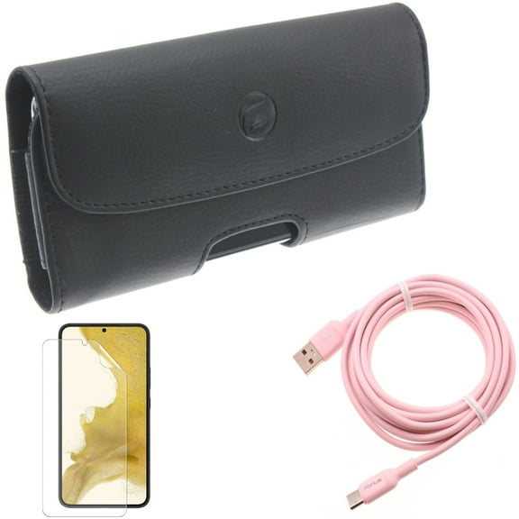 For Samsung Galaxy S21 (6.2") - Charger Cord Pink 10ft Long USB-C Cable   Anti-Glare TPU Film Matte Screen Protector   Holster Leather Case Belt Clip