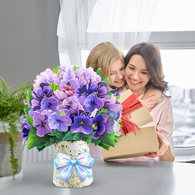 2025 Violet Large Display Table Card – Souew Mother's Day Bouquet Large Set Three Greeting Card, Creative 3D Folding Border Handmade Card