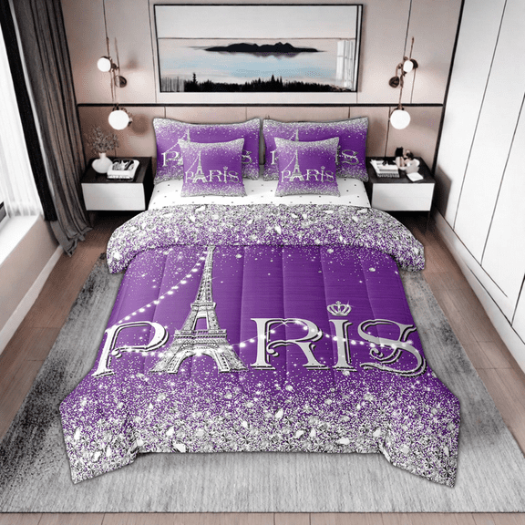 Erosebridal Eiffel Tower Comforter Set,Purple Silver Romantic Paris Bed in A Bag Queen,(Not Real)Diamond Bedding Sets,Sparkles Sequins Bed Sets 7 Piece Wedding Bedroom Decor