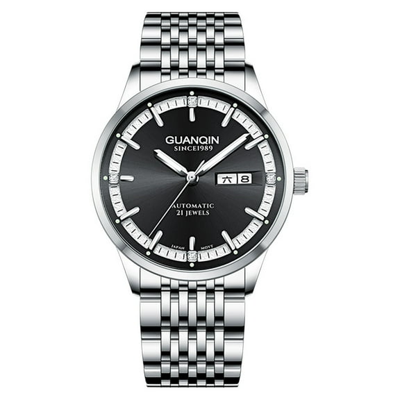 GUANQIN Brand Rhinestone Vintage Stainless Steel Wrist Watch Men Sapphire Crystal Automatic Self-Winding Mechanical Business Wristwatch Man Waterproof Calendar Week Luminous Stylish Clock