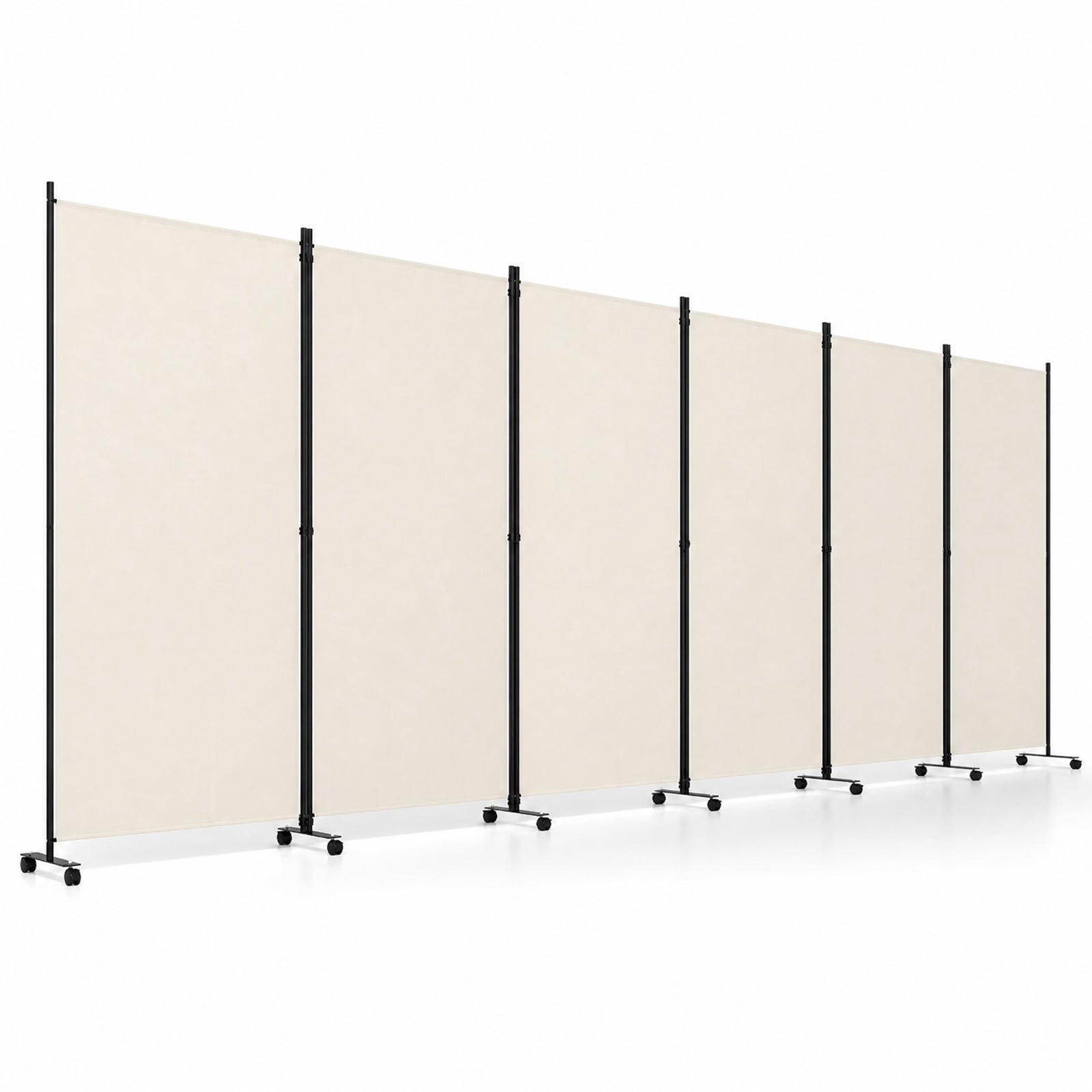 Vebreda 6-Panel Rolling Room Divider Folding Privacy Screen with Lockable Wheels, Freestanding Fabric Partition for Bedroom Office Studio, White