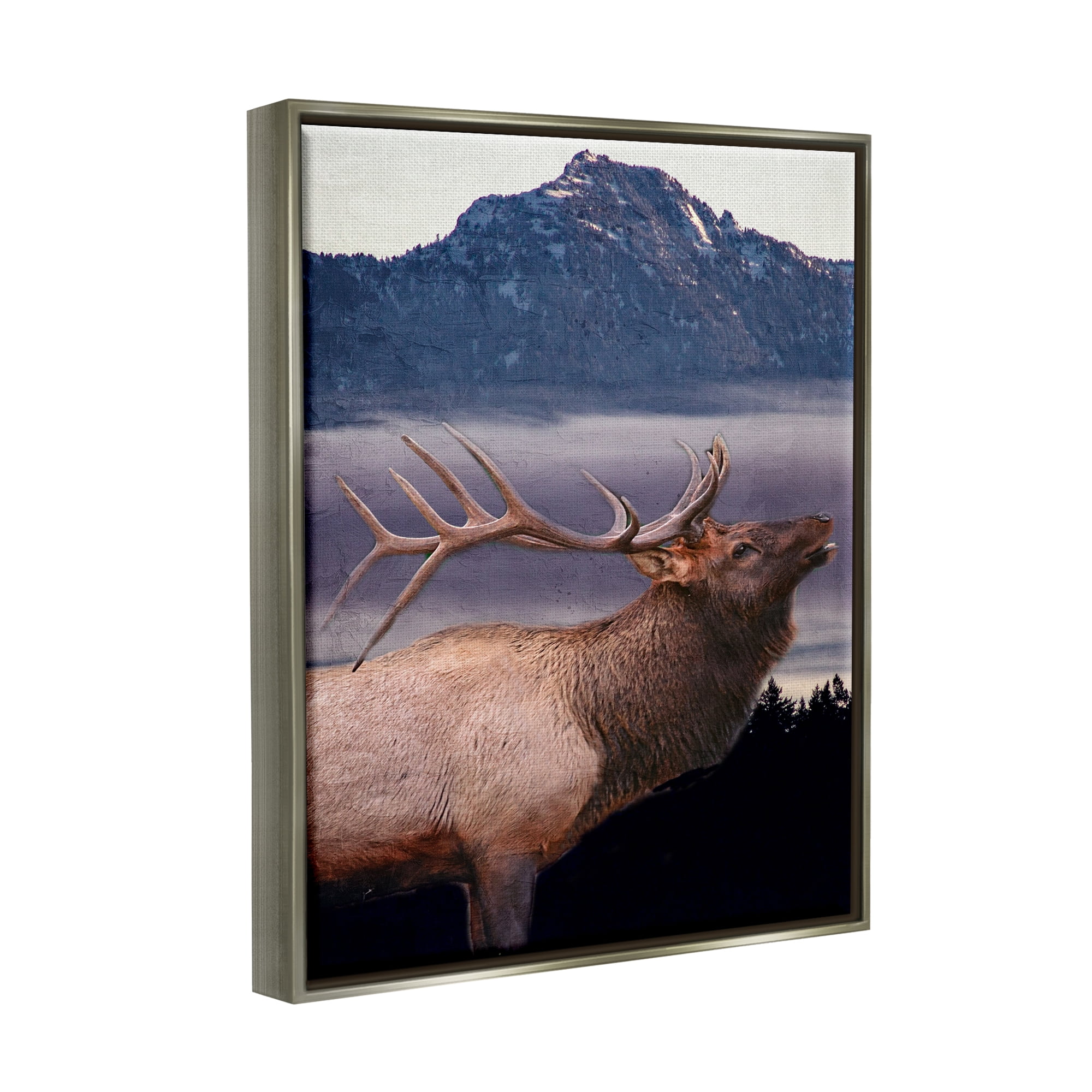 Stupell Industries Elk Mountain Landscape Animals & Insects Painting Gray Floater Framed Canvas Art Print Wall Art, 25 x 31