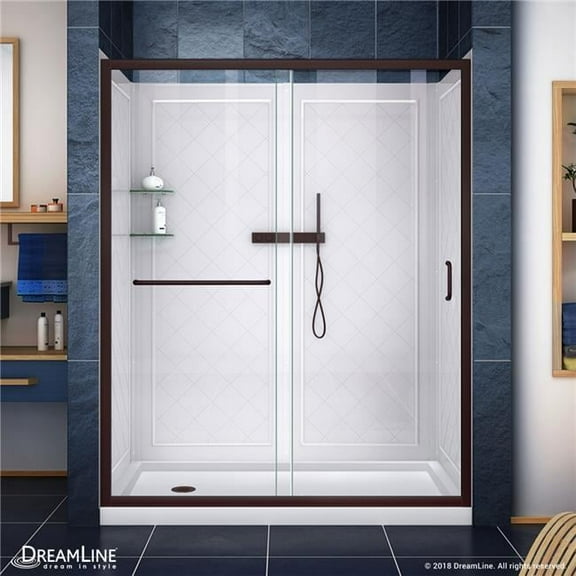 36 x 60 x 76.75 in. Clear Sliding Shower Door with Left Drain & Backwalls, Oil Rubbed Bronze