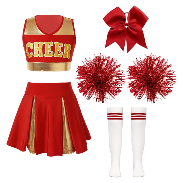 RUNQHUI Uniforme de Danse de Cheerleading pour Filles Enfants Tenue de Performance Déguisement Costume de Cheerleader B Rouge 16