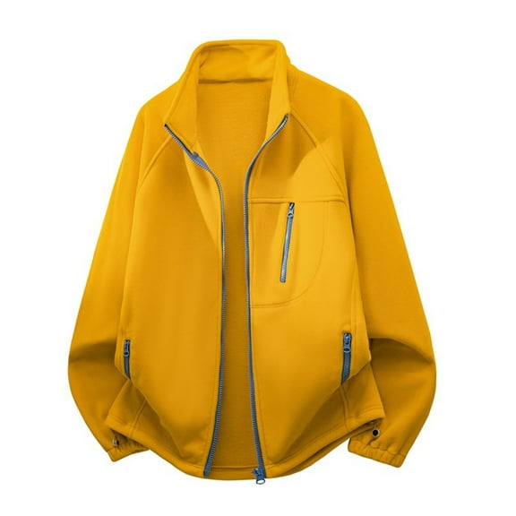 Men's Casual Jackets Stand Collar Long Sleeve Multi Zip-Pockets Solid Color Lightweight Fuzzy Polar Fleece Outwear (XL, Yellow)