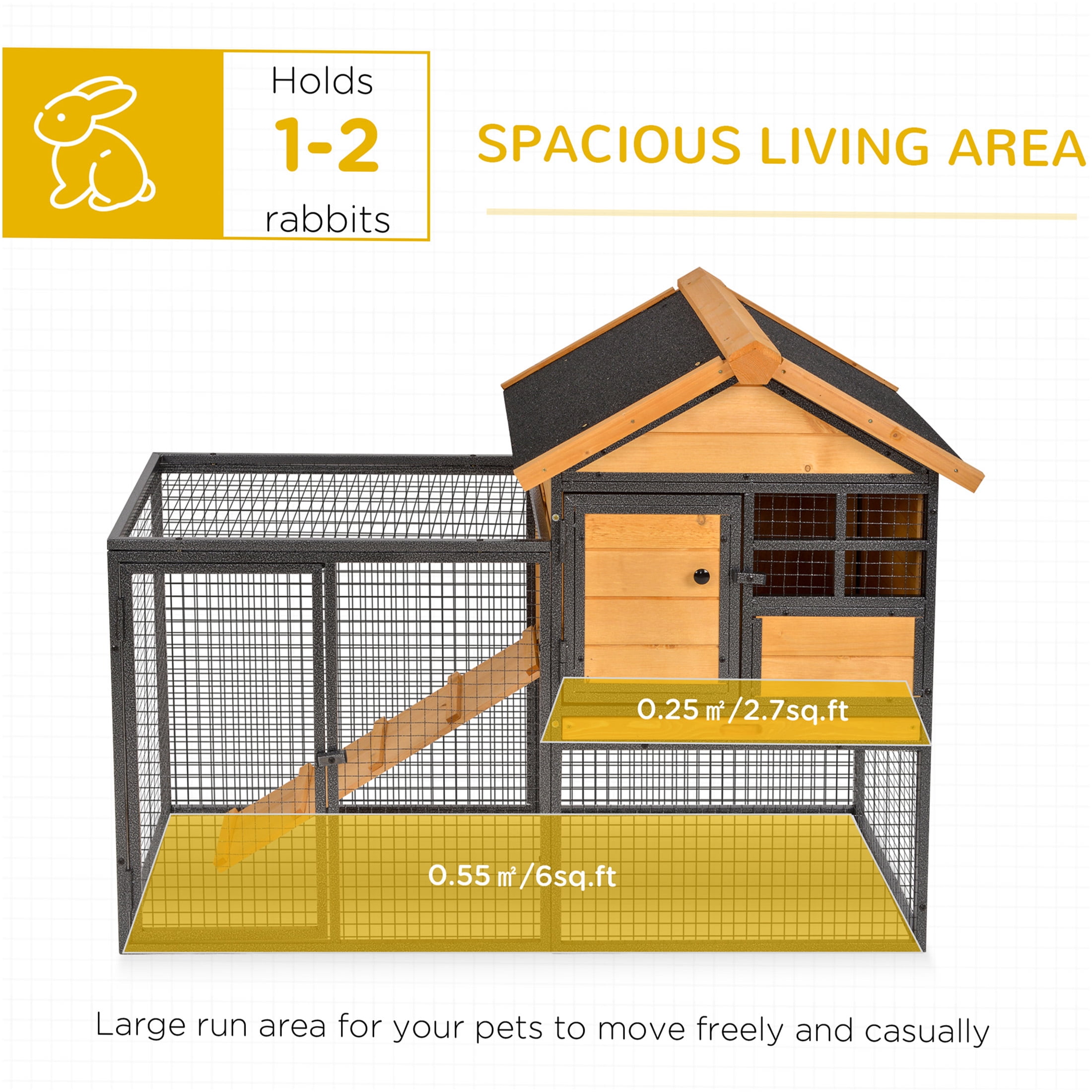 JERFIT Outdoor Rabbit Hutch with Ramp, 2-Level Wooden Bunny House with Waterproof Asphalt Roof, Removable Tray for Rabbits, Guinea Pigs, Chinchillas