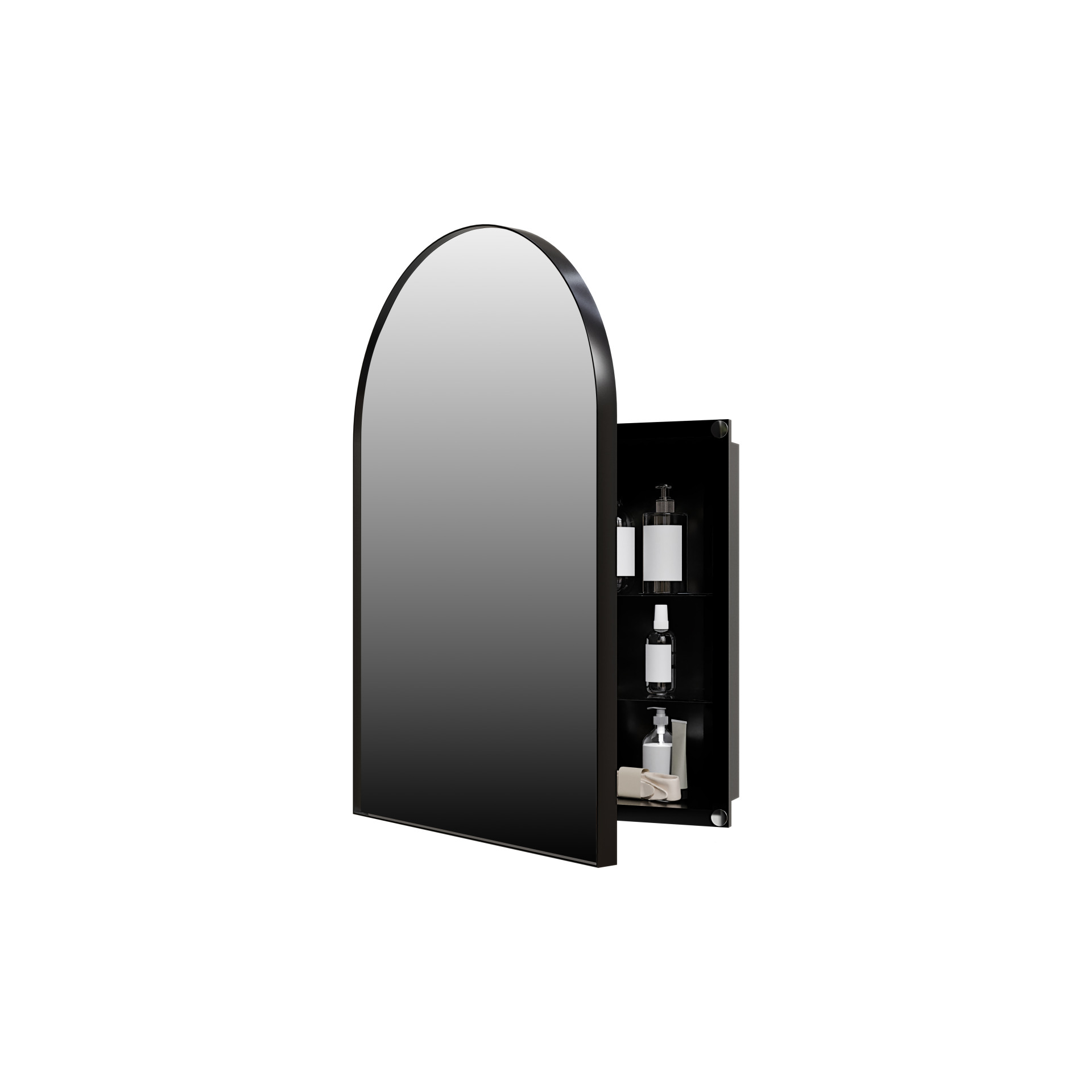 Corner Medicine Cabinet with Arched Mirror, 18x24 Inch Metal Wall Mounted Storage Organizer with Adjustable Glass Shelves for Small Bathroom Spaces, Matte Black Finish