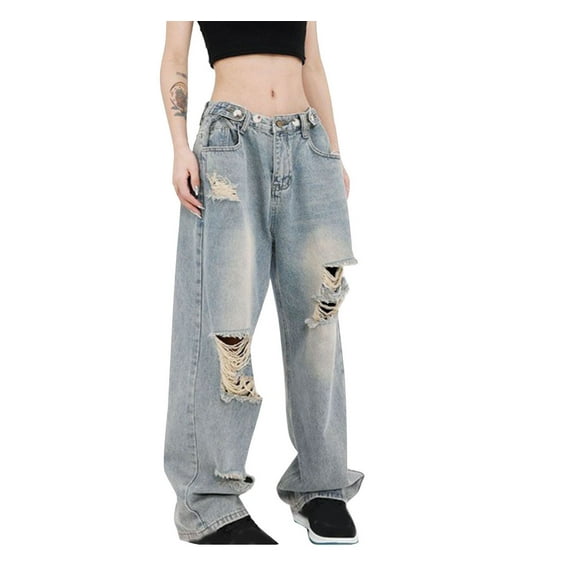 EQWLJWE Summer Saving Clearance ! Pants For Women 2023 Trendy Sexy Women'S Wide Leg Jeans Low Waisted Baggy Jeans Loose and Worn-Out Boyfriends Jeans Denim Pants
