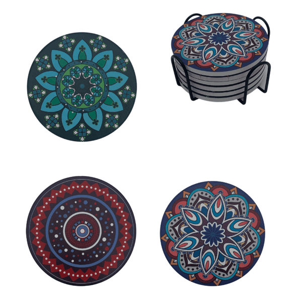 6 Pcs Mandala Pattern Coaster Set with Stand, Ceramic Bohemian Style Coasters, Absorbent Coasters, Coffee & Tea Mats, Holiday Gifts, New Year Decorations, Party Gifts