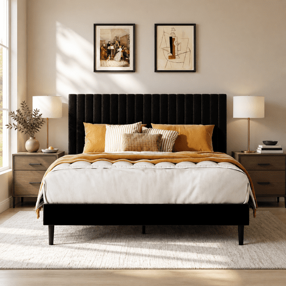 SESSLIFE Full Size Bed Frame with Adjustable Headboard, Velvet Upholstered Platform Bed Frame with Heavy Duty Support, No Box Spring Needed, Quiet Stable Slats, Modern Tufted Headboard, Black
