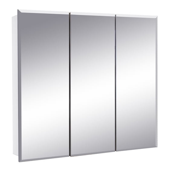 White Bathroom Medicine Cabinet, Cyprus 25 in. Frameless Mirrored Doors, Wall Mount or Recessed