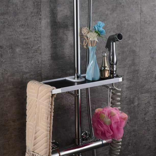 Xihbxyly Estante para Ducha, Fácil Instalación, Sin Necesidad de Taladrar, Organizador Multifuncional, Ahorra Espacio, Apto para 8 Tamaños de Barra de Ducha, Blanco/Negro, 31 X 12 X 3,8 Cm