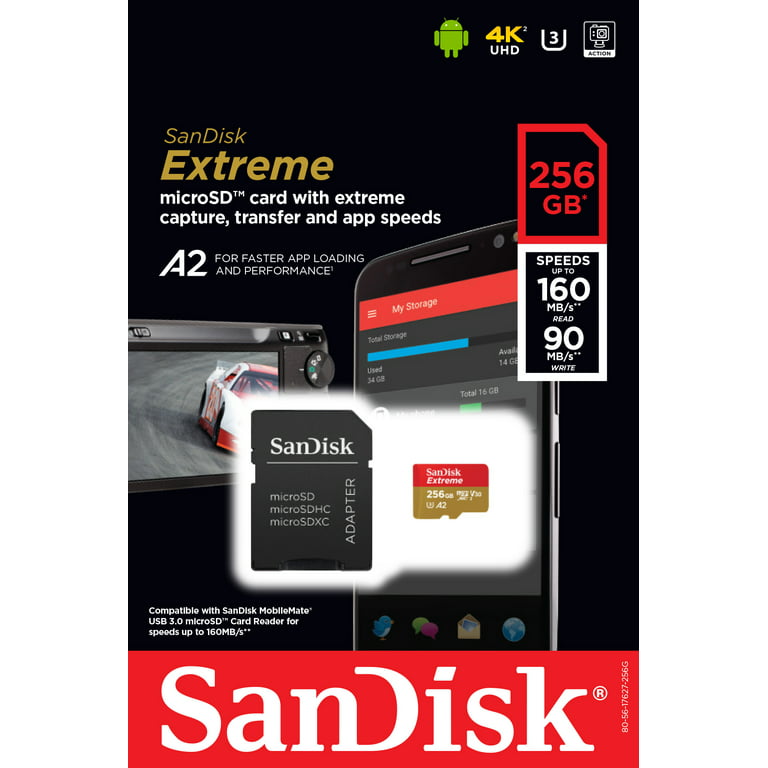 SanDisk 256GB Extreme microSDXC UHS-I Memory Card with Adapter - Up to  160MB/s, C10, U3, V30, 4K, A2, Micro SD - SDSQXA1-256G-GN6MA
