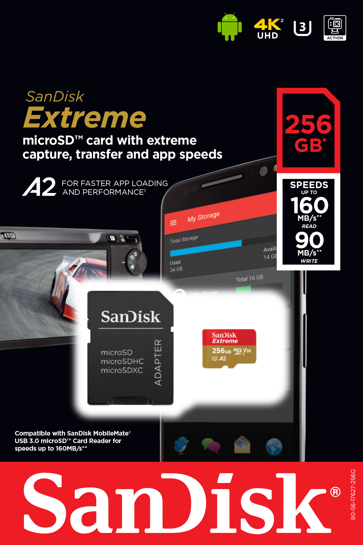 SanDisk 256GB Extreme microSDXC UHS-I Memory Card with Adapter - 160MB/s, U3, V30, 4K UHD, A2, Micro SD Card - SDSQXA1-256G-GN6MA - image 5 of 6