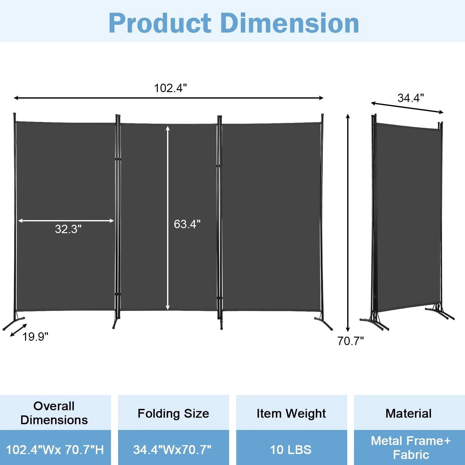 NiamVelo 3 Panel Room Divider Folding Partition Privacy Screens 5.9FT Portable Room Partition with Metal Frame Walls Dividers for Home Office Hospital 102" W x 70" H, Grey