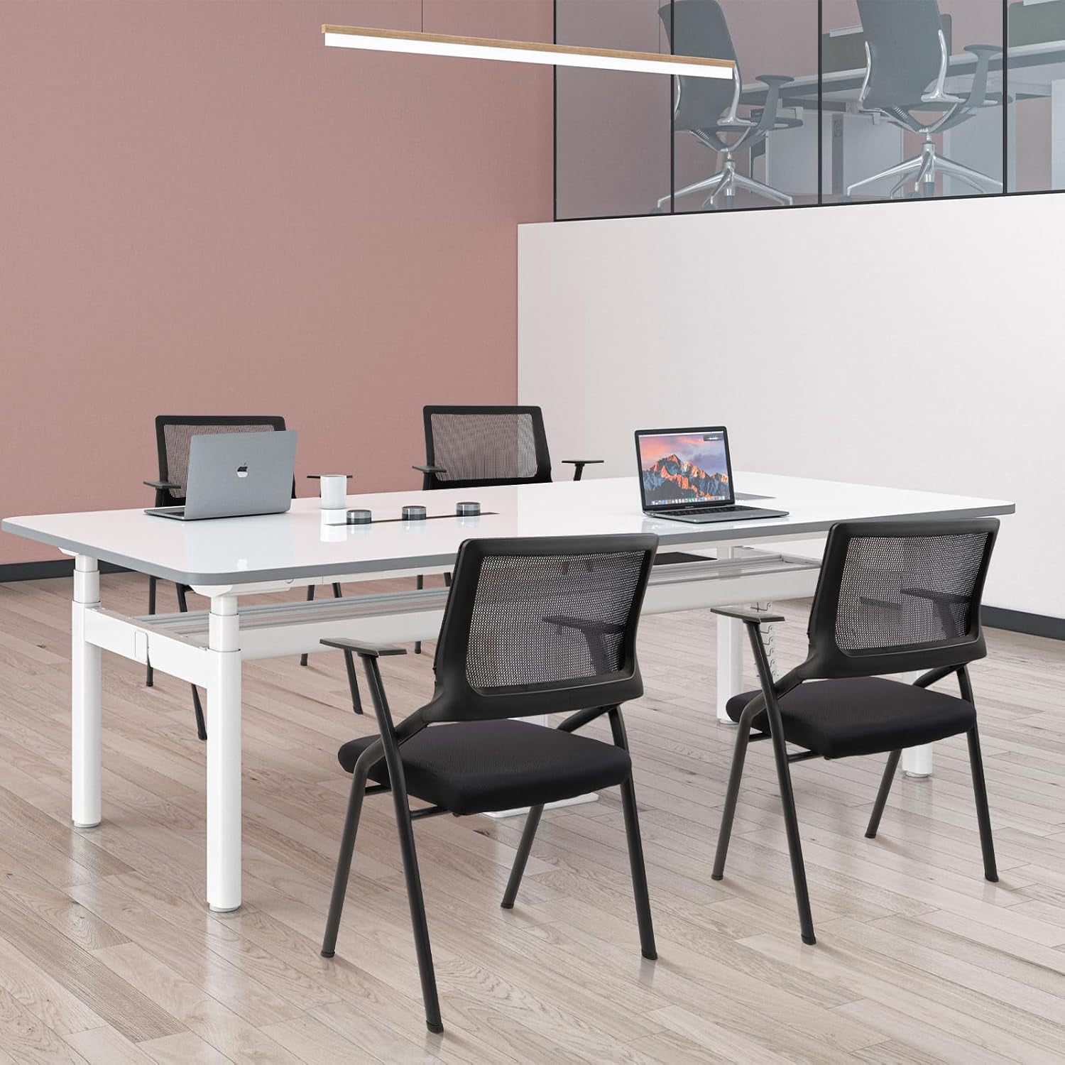 CLATINA Stackable & Foldable Office Chairs with Ergonomic Lumbar Support and Thickened Seat Cushion, Folding Mesh Fabric Reception Guest Chair for School Church Conference Waiting Room Black (4 pk)
