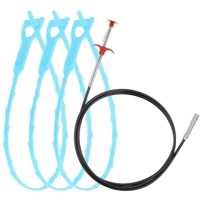 Unique Bargains Outil de Débouchage de Drain 2m en Acier Inoxydable & 3 Pcs PP Débouchage Bleu