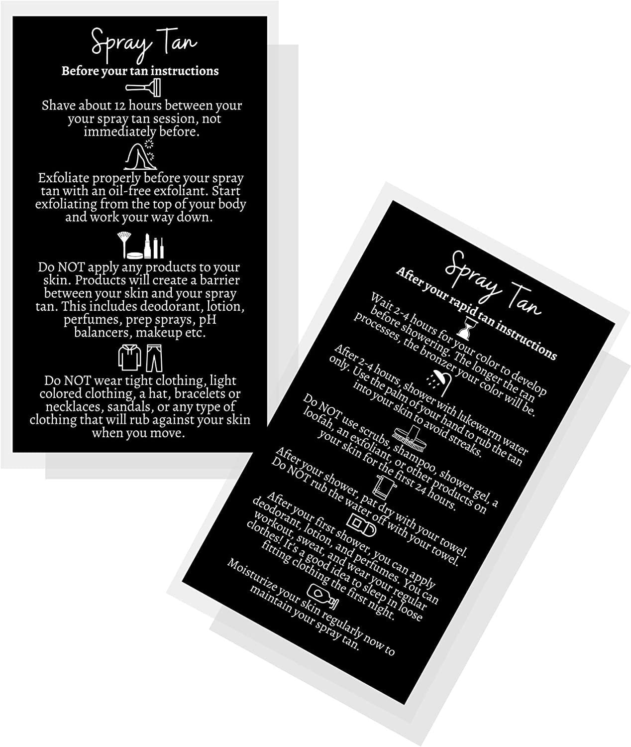 Rapid Spray Tan Pre and Post Care Instructions Cards 50 Pack Double