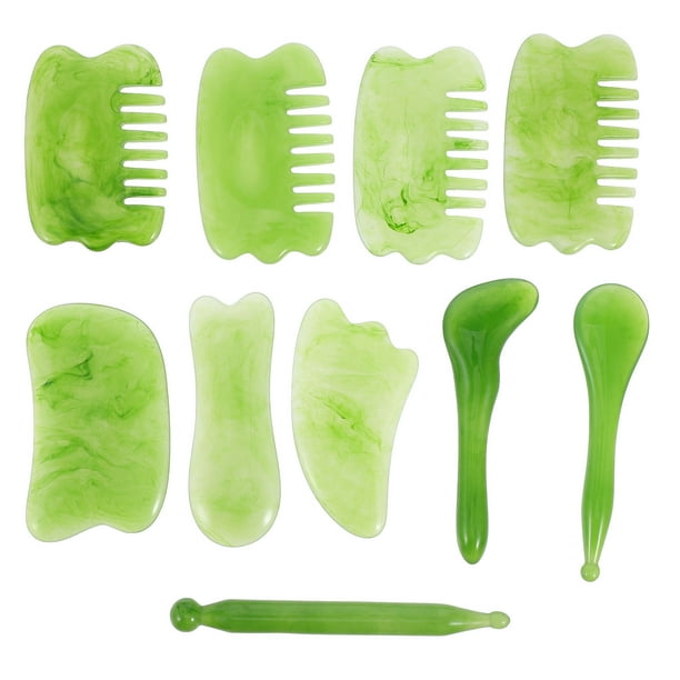 Juego de 10 herramientas de raspado Gua Sha, placas de masaje, peines Gua Sha, tabla de masaje para rostro, cuello, brazos y cuerpo, con bolsa de almacenamiento.