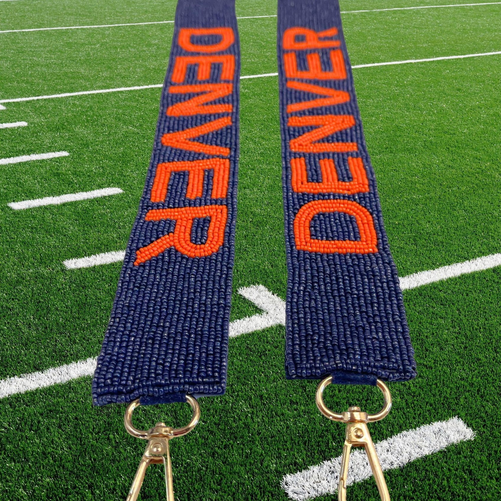 Lashicorn Denver Blue Beaded Purse Strap Orange Letters 49 Pro Football Stadium Approved Clear Bag Bronco Gold Hardware Sports College Colorado