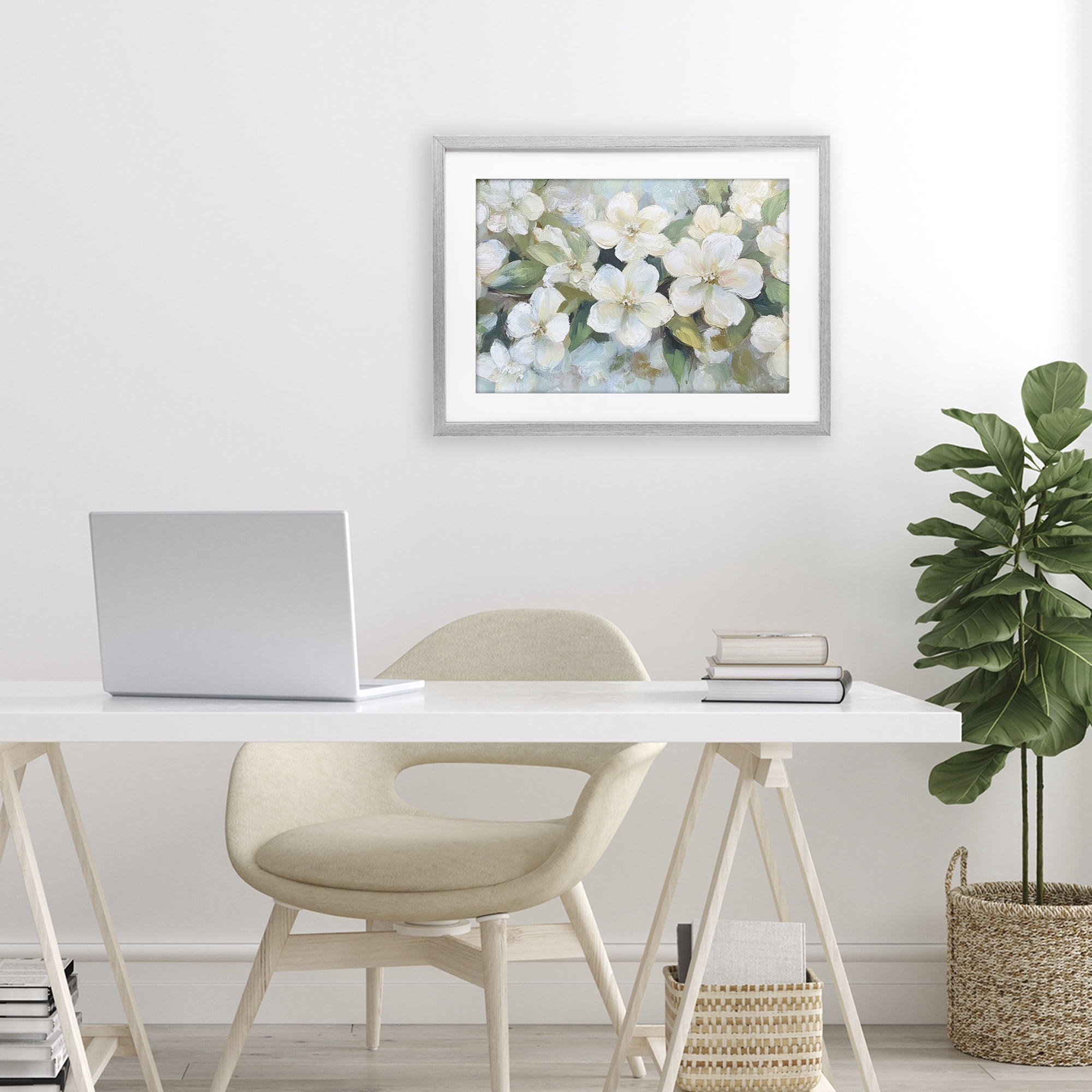 Stupell Industries Painted White Flowers in Leaves Gray Framed Print Under Glass, design by Petal Prints Design