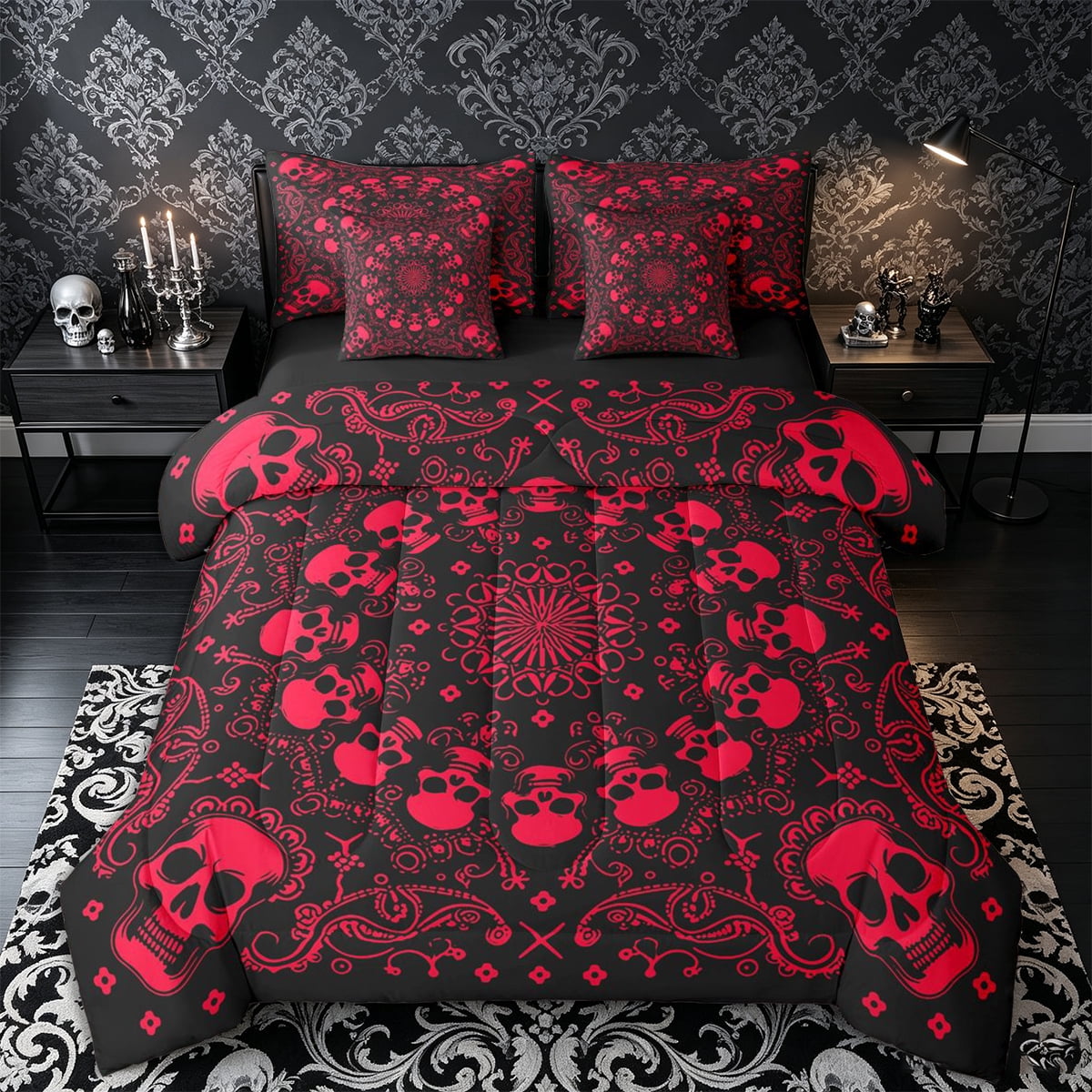 Castle Fairy Abstract Gothic Skull 7-Piece Twin Bedding Boho Floral Damask Bedding Comforter Set Black Red Black Reversible