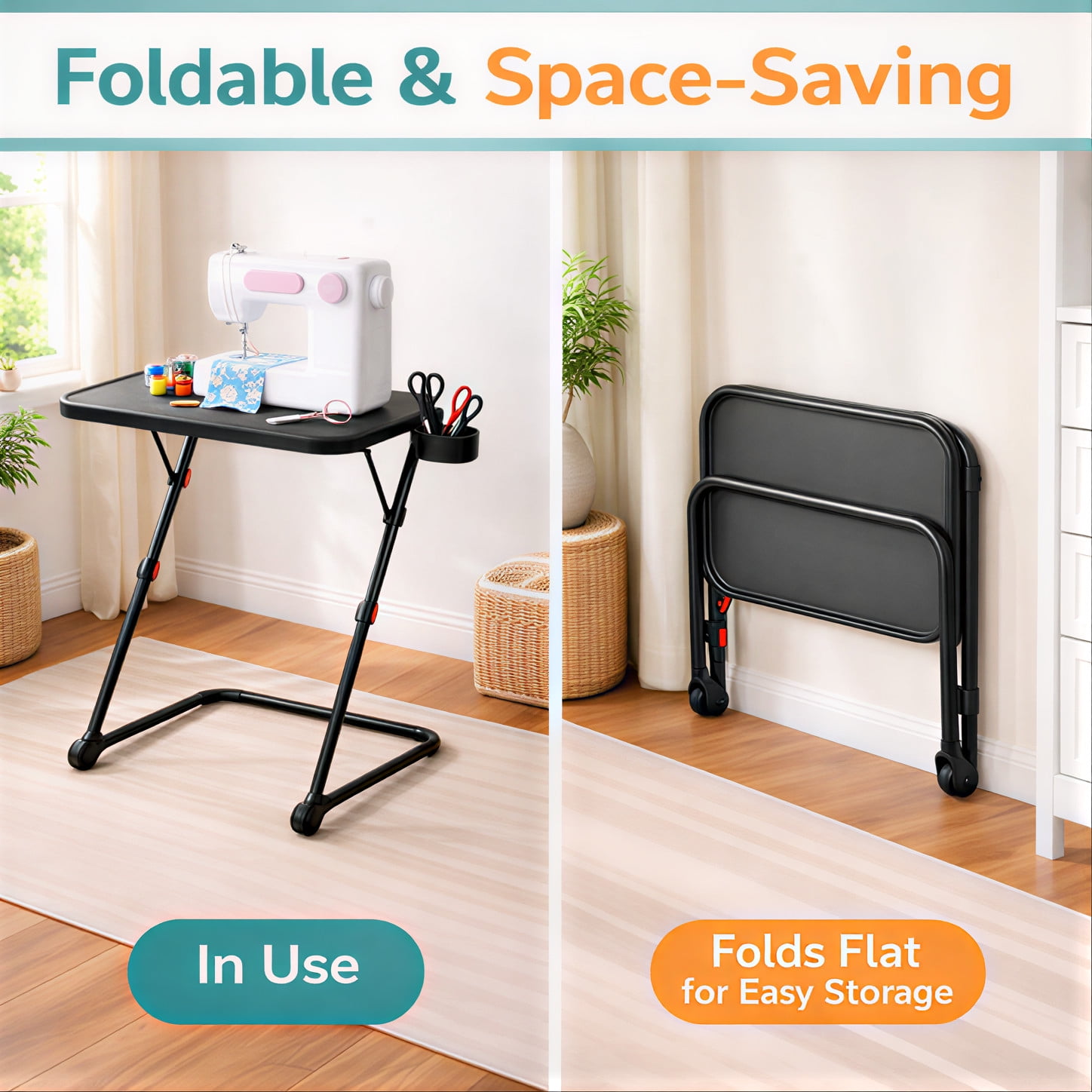 FurnitureR Z-Shaped Sewing Craft Table - Adjustable Height & Tilt, Side Table with Metal Frame Working Desk for Sewing, Knitting, Indoor and Outdoor Activities