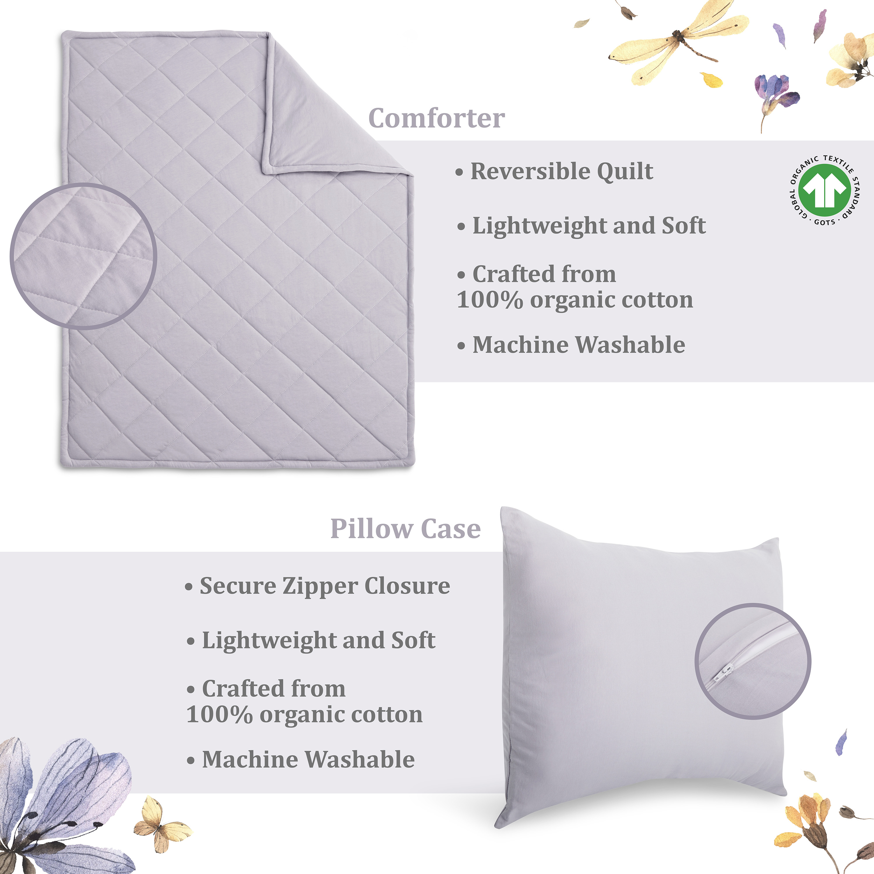 Evolur Be Wild Collection 3pc Toddler Bed Set (Fitted Sheet, Comforter, Pillow Case) in Dusty Purple & Flower Print