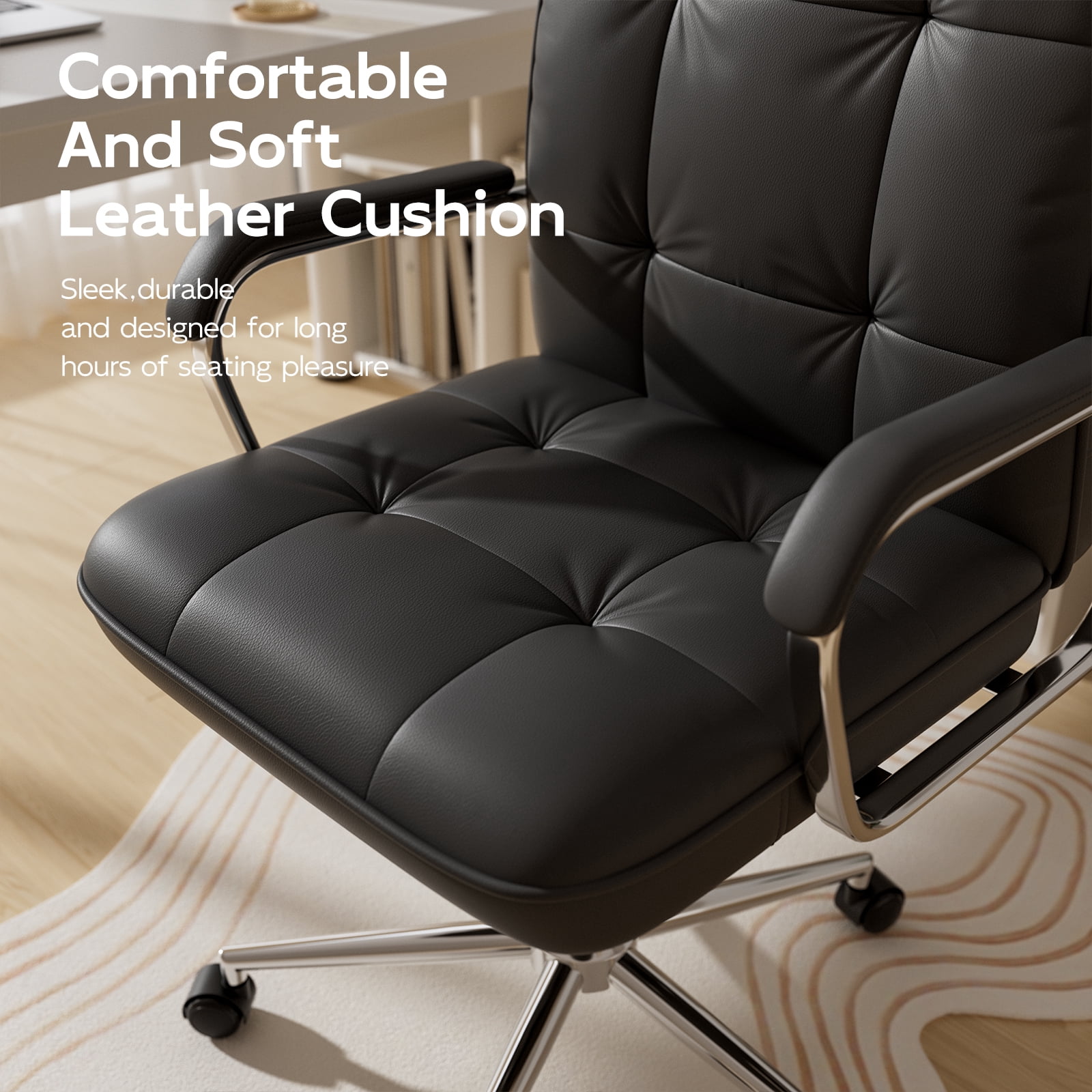 Ninecer Ergonomic Office Chair with Wheels, 360° Swivel Desk Chair with Rocking Function, PU Leather Computer Chair for Home Office, Study,, Beige