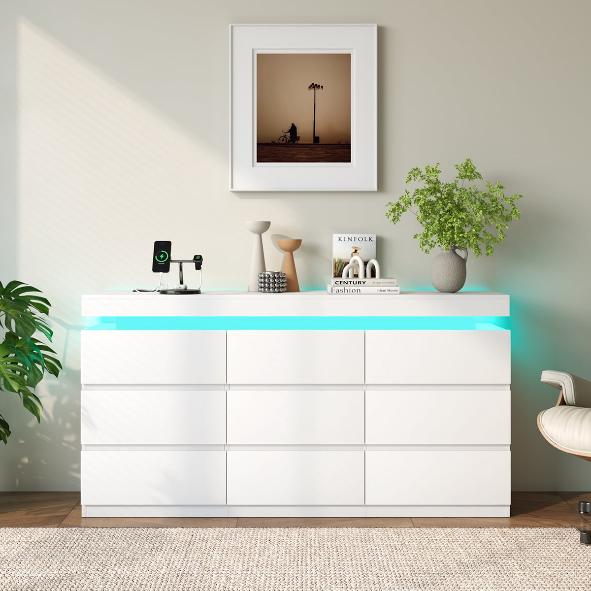 Modern 9-Drawer Dresser with Power Outlet - Storage Cabinet with LED Lights, Wide Chest of Drawers with Charging Station, Organizer for Bedroom, Closet, Living Room