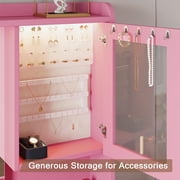 iPormis Vanity Desk with Mirror and Lights, Glass Top Makeup Vanity with RGB Light and Charging Station for Girls ,Pink