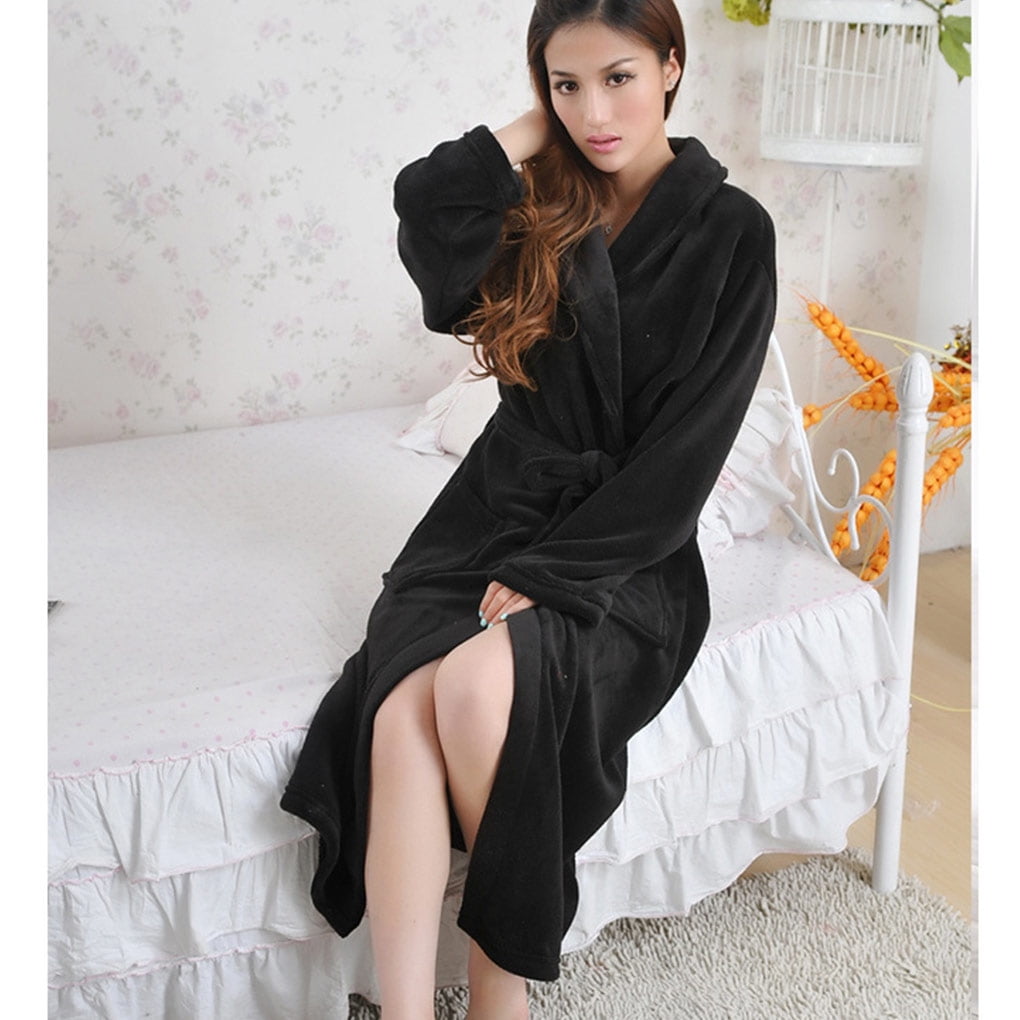 Women Night Grown Polyester Winter Warm Robe Long Night Robes Sleeve Nightgrown Shower Female Solid Color Pocket Sleepwear Home Hotel XL Walmart