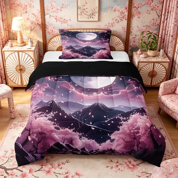 Manfei Fantasy Fuji Twin Comforter Sets for Home, Moon Cherry Mountain Bedding Set for Office, Pink Purple Black, Black Reversible 2pcs, 1 Comforter and 1 Pillowcase