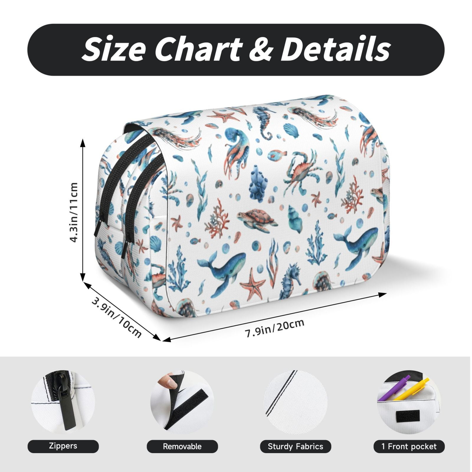 Rateoe Undersea Animals Pattern Double Clamshell Pen Case, Storage Organizer with Two Zipper Compartments– Holds Up to 50 Pencils & Pens