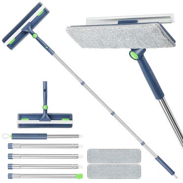 Window Squeegee Cleaner Tool with Long Handle for Floor Bathroom Shower Cleaning 63 Inches, 2-IN-1 12" Window squeegee with 2 Scrubber Mop Pads