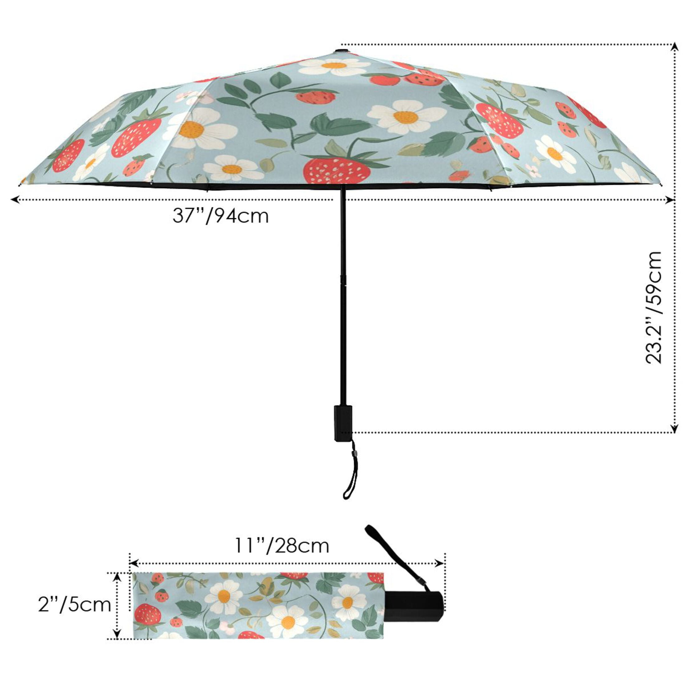 Strawberries and Strawberries Flowers Leaves Cute All Weather Umbrella Triple Folding Parasol 6 Ribs UV Protection Portable