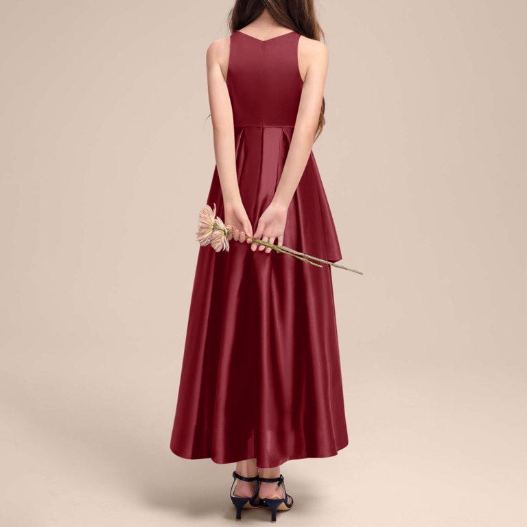 Teajopsuu Girls Satin Dress Sleeveless A-Line Split Hem Party Dress Elegant Long formal Prom Dress Cocktail Wedding Maxi Dresses,Burgundy, Infant