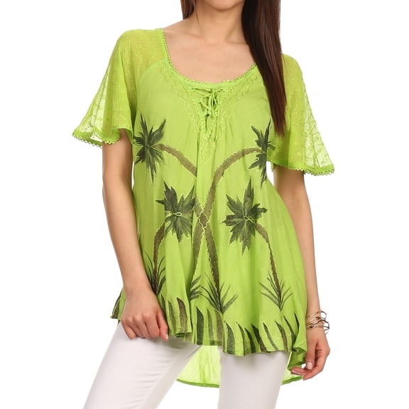 Sakkas Albina Island Relaxed Fit Embroidery Cap Sleeves Blouse / Top - Apple Green - Plus Size