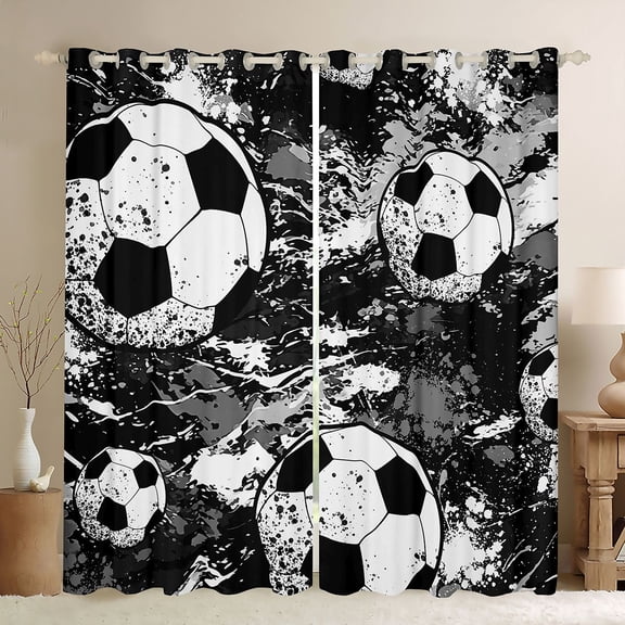 Homewish Boys Football Print Black Out Curtains, Cartoon Soccer Player Curtains Pack of 2 (42x63 Each), Black White Watercolor Bedroom Curtains, Curtains and Drapes Decor