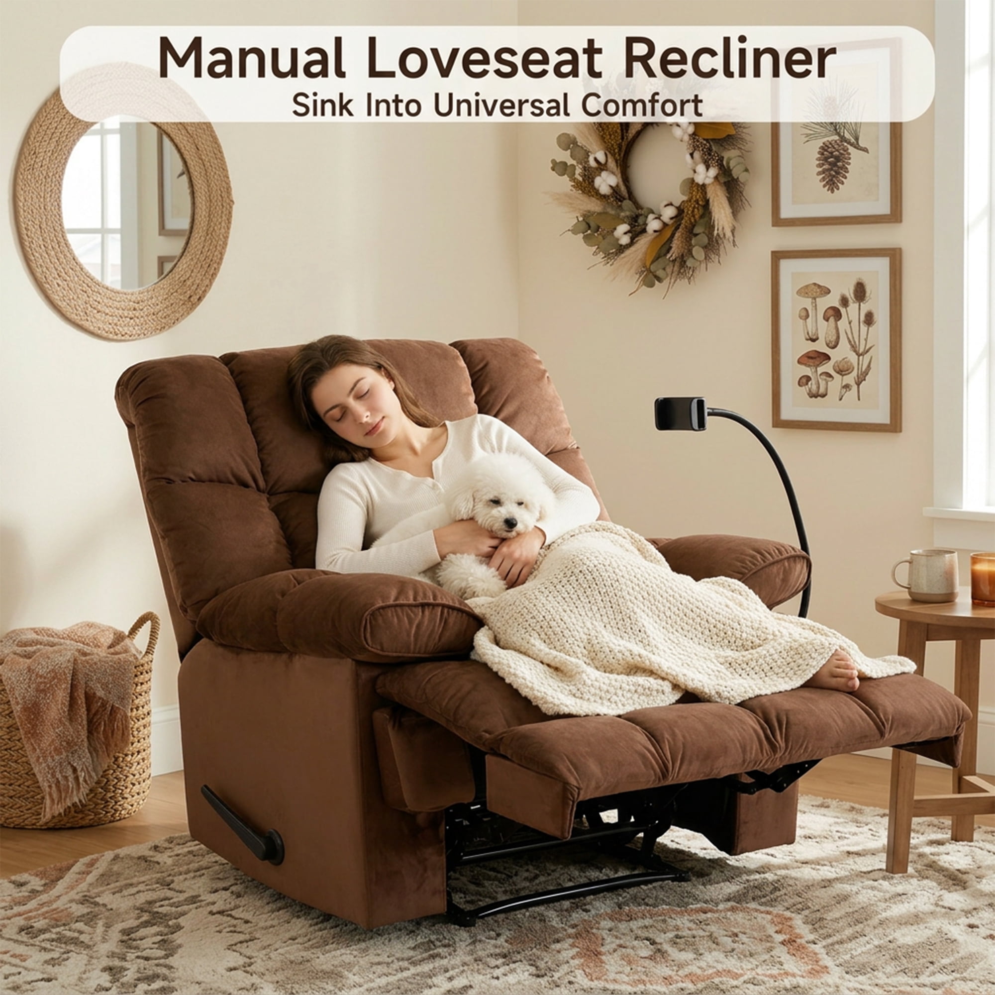 2 Pcs Brown Overstuffed Lounge Chair with Footrest and Phone Holder Extra Large Recliner Chair, Manual Reclining Lounge Chair with Footrest, Comfortable Living Room Accent Recliner
